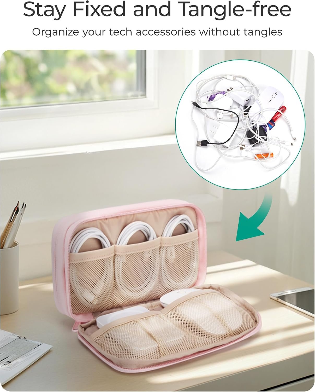 BAGSMART Electronics Organizer Travel Case for Cords Chargers Phones, Pink | Puffy Padded, Travel Essentials, Cord organizer bag for Cables, Compact Tech Accessories Pouch - Image 3