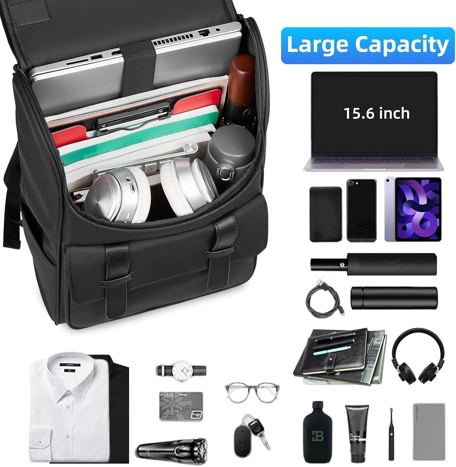 Vintage Laptop Backpack for Men and Women, 15.6 Inch, Waterproof, Business Travel Daypack for Work, Office, College (6608 black) - Image 4