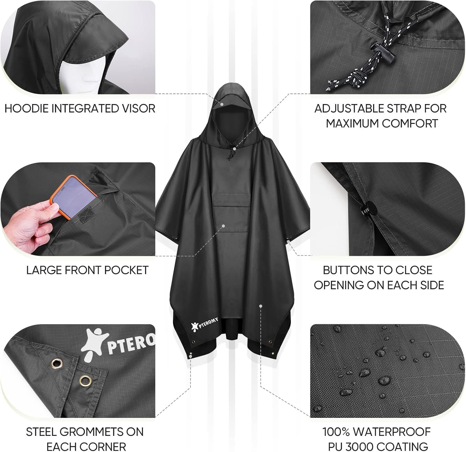 PTEROMY 3-in-1 Hooded Rain Poncho for Adult with Pocket, Waterproof Lightweight Unisex Raincoat for Hiking Camping Emergency - Image 6