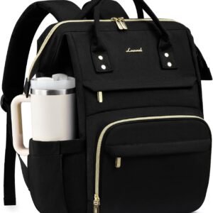 LOVEVOOK Laptop Backpack for Women with Giant Tumbler Holder Pocket,15.6 inch Waterproof Travel Backpack Purse Computer Laptop Bag,Professional Work College Nurse Teacher Backpack Casual Daypack,Black
