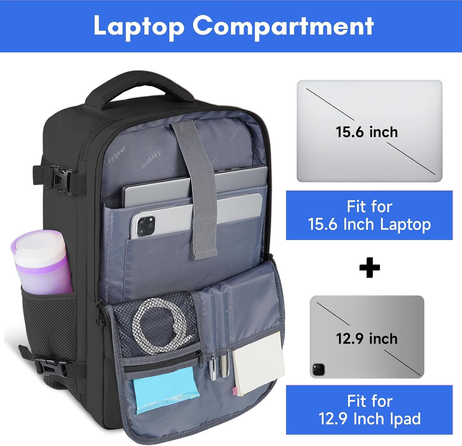 Taygeer Travel Laptop Backpack for Men, Airplane Approved Travel Backpack | 15.6inch Laptop Backpacks with Water Bottle Pocket, Lightweight College 35l Luggage Bookbag Gifts for Business Work, Black - Image 5