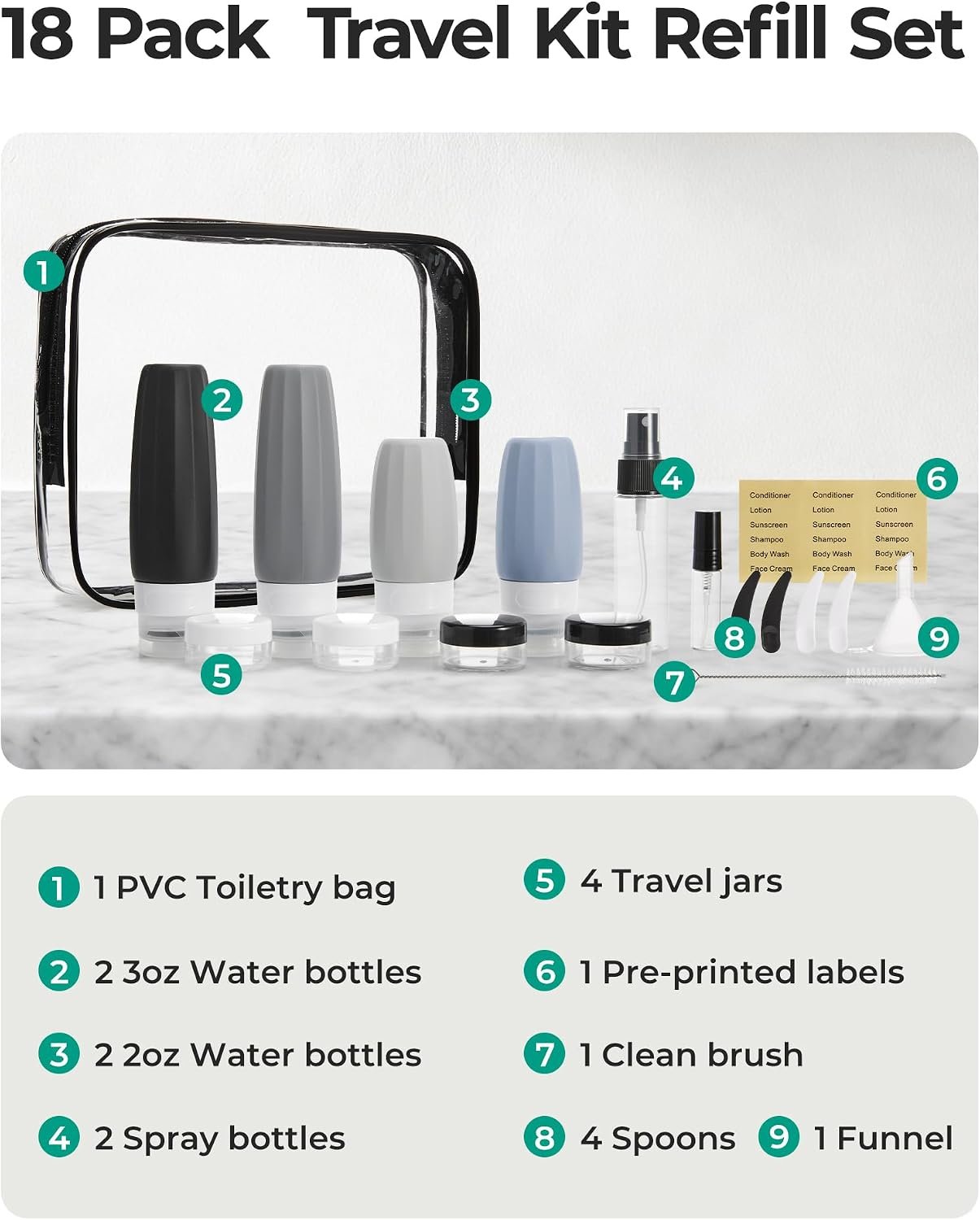 BAGSMART 18 Pack TSA Approved Travel Bottles for Toiletries, Leak Proof Silicone Travel Size Containers Bottles for Shampoo, Grey - Image 2
