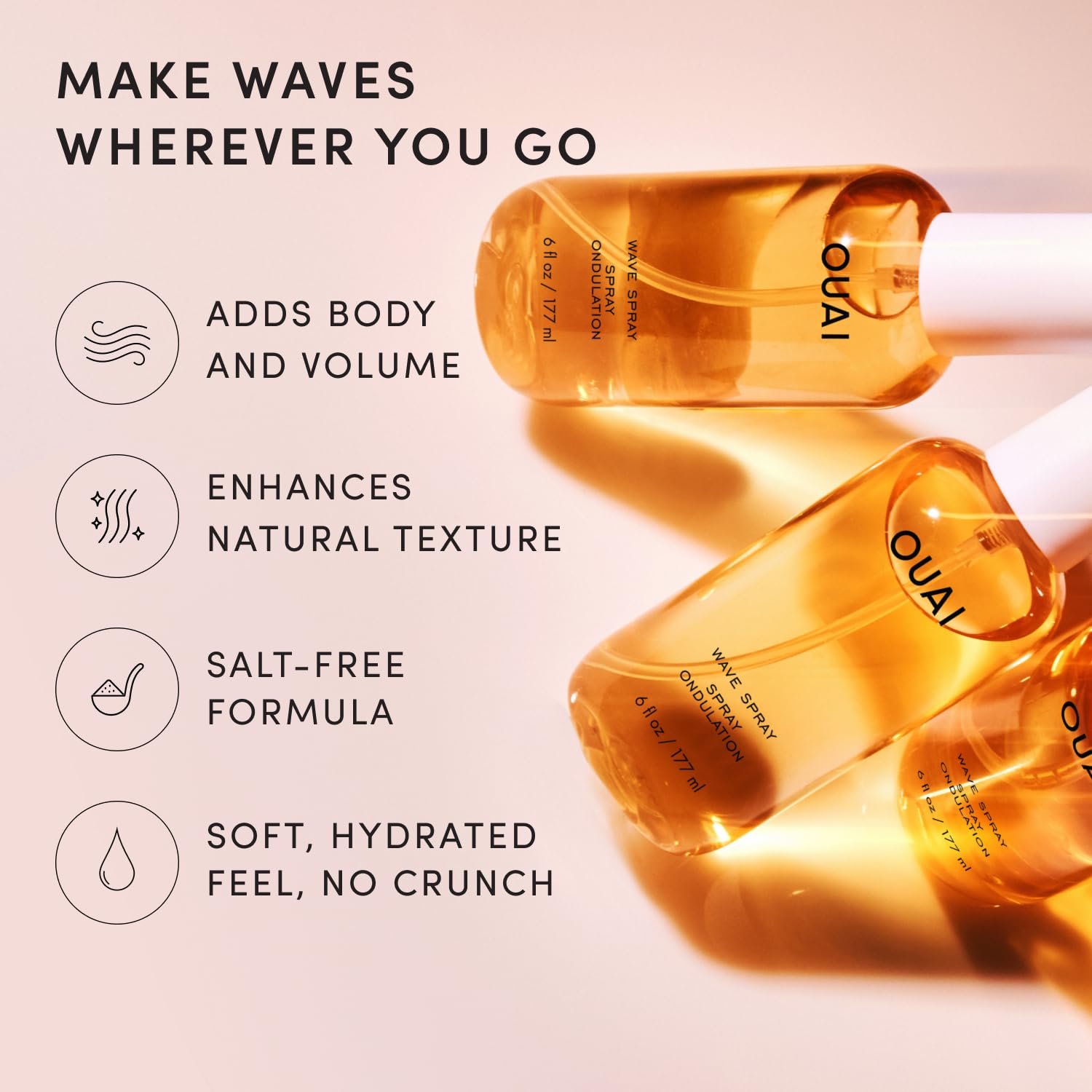 OUAI Travel Size Wave Spray - Texture Spray for Hair with Coconut Oil and Rice Protein - Adds Texture, Volume & Shine for Beach Waves - Paraben Free, Safe for Color & Keratin-Treated Hair (3 fl oz) - Image 3