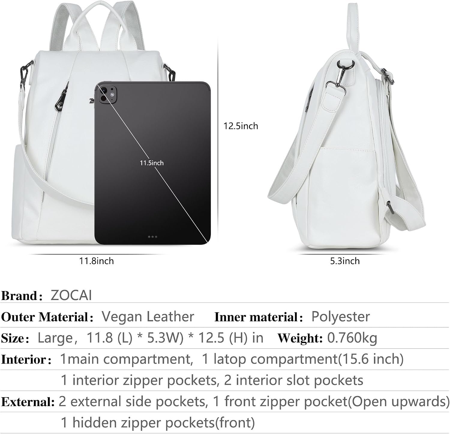 ZOCAI Backpack Purse for Women Medium Anti-Theft Backpacks Purses Design Leather Shoulder Bags with Removable Strap - Image 3