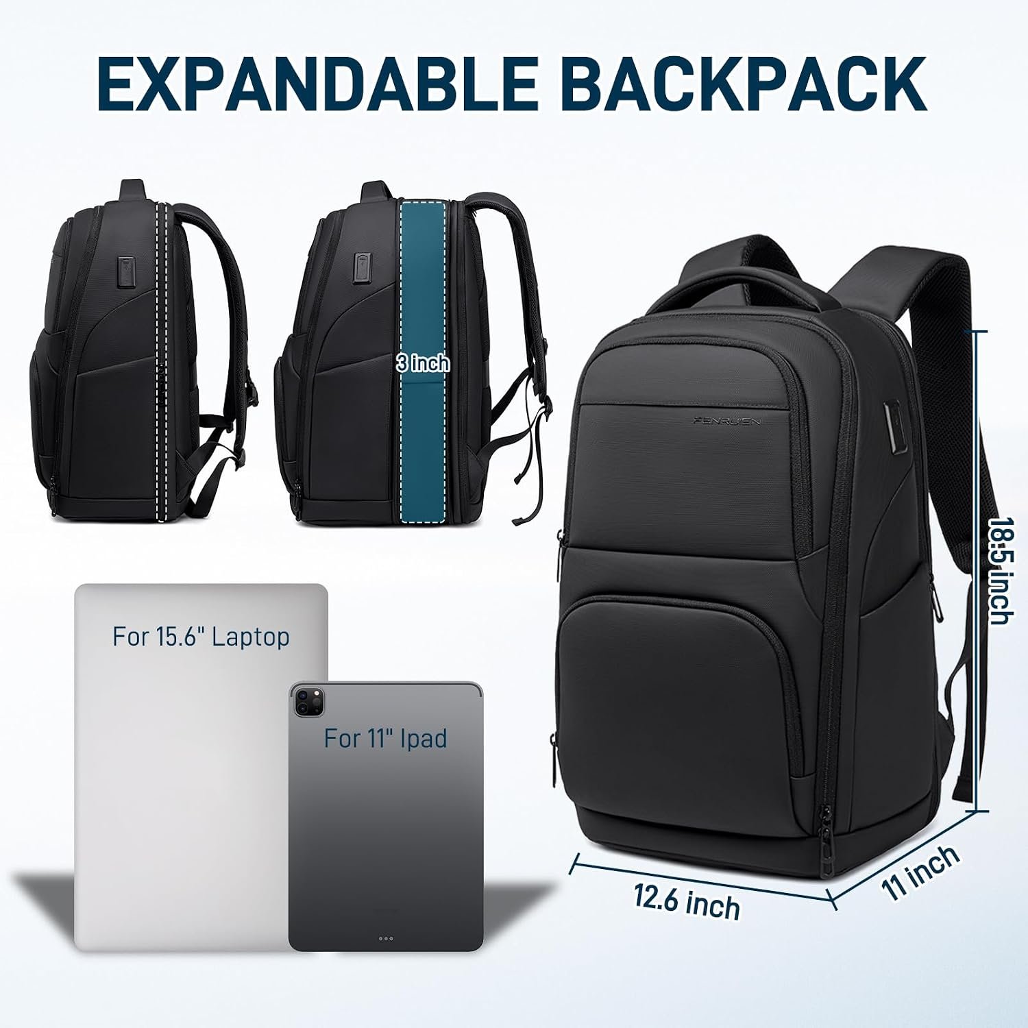 FENRUIEN Expanded Laptop Backpack for Men, TSA-Friendly Travel Backpack with USB Charging Port, Anti-Theft Business Work Pack, Water-Resistant Fits 15.6”Laptop for Weekender - Image 2
