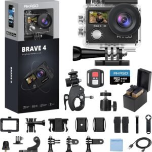 AKASO Brave 4 Action Camera 4K 30fps with 64GB MicroSD Card Bundle | 20MP EIS WiFi 170° FOV 5X Zoom Waterproof Underwater Camera for Snorkel, Travel, Bicycle, Helmet, Motorcycle Accessories Kit