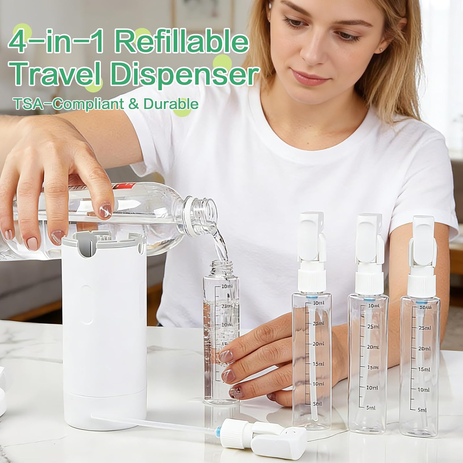 4 in 1 Travel Dispenser Bottle Set, Leakproof TSA Travel Size Containers for Toiletries, Portable Refillable Bottles, Hard Shell Rotating Design with Scale and Labels - Image 7