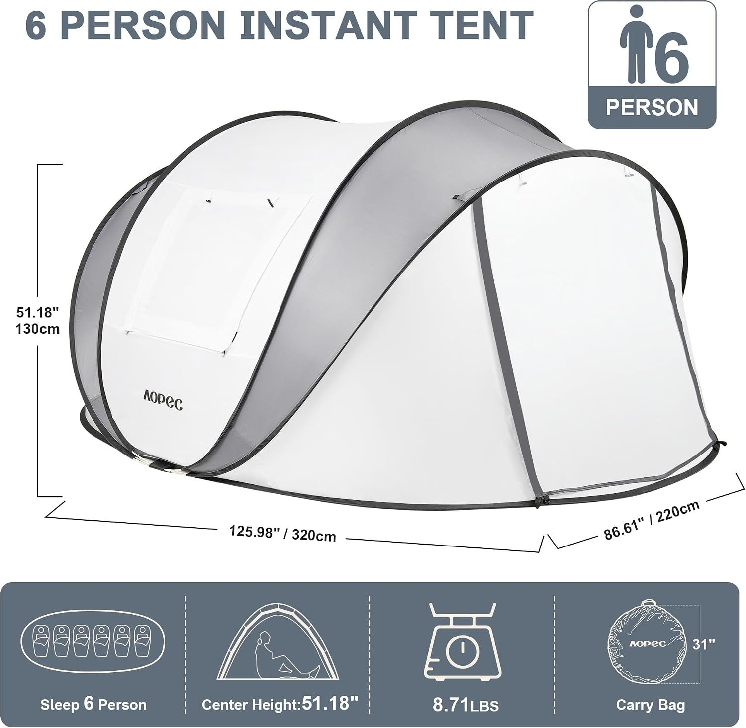 Pop Up Camping Tent, 2/4/6 Person Instant Tent Waterproof PU4500mm, Spacious Ventilated Camping Tent with Front Porch, Quick Setup Lightweight Portable for Outdoor Camping Hiking Beach - Image 3