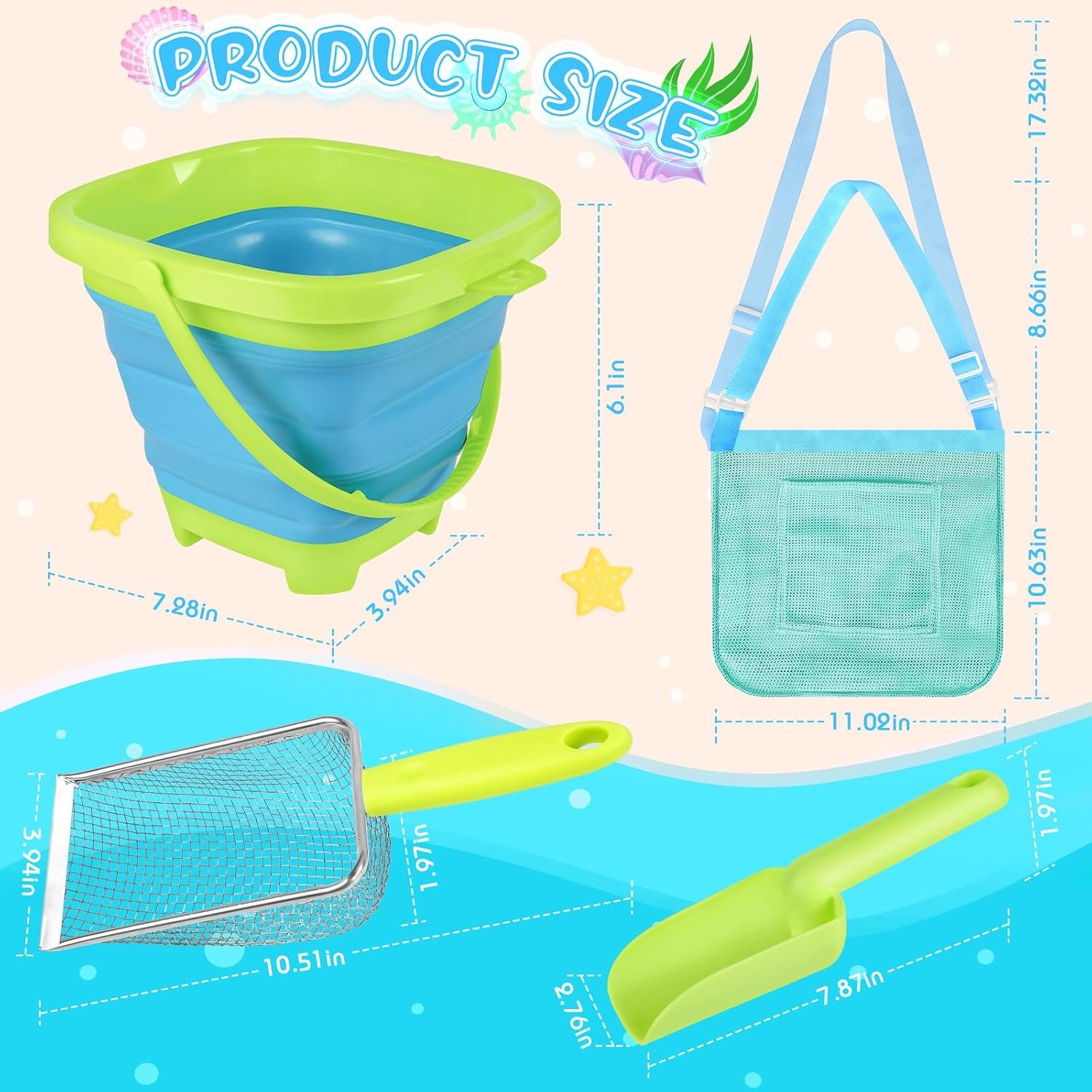 FHOZGECY 2 Pack Beachcombing Kit with Sifters for Beach Vacation Essentials | Collapsible Buckets, Stainless Mesh Sifters, Scoops and Mesh Bags for Shelling, Outdoor Exploration Play for Kids Ages 3-12 - Image 6
