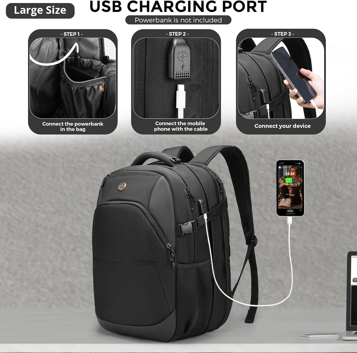 Swissdigital Design Backpack for Men & Women Fit 17 Inch Computer SD1671-01 | Travel Laptop Backpack, College Bag, Business Bag, with USB Charging Port, RFID Protetion Pocket, 35l Expandable, Black - Image 4