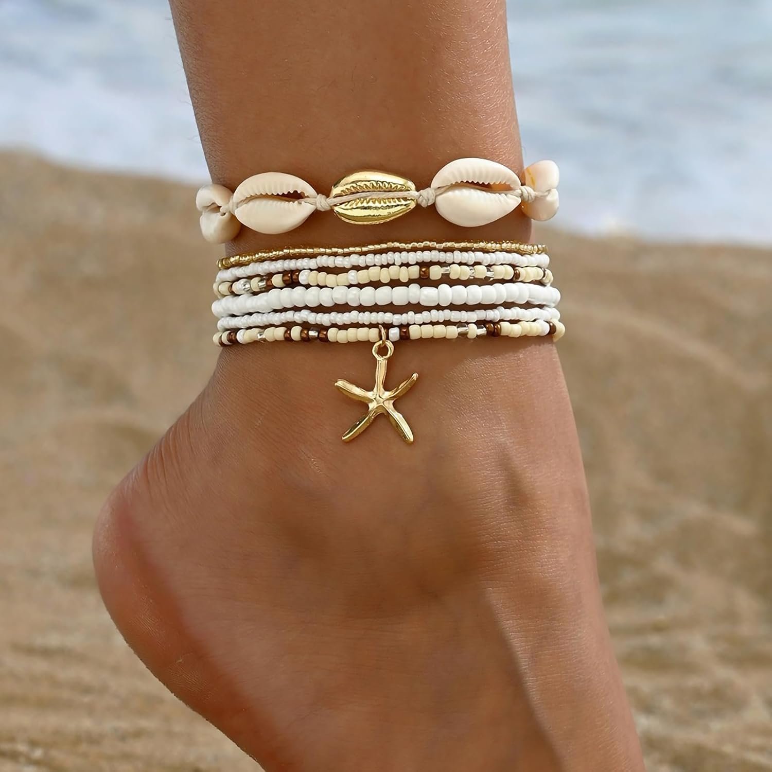 Qceasiy Shell Ankle Bracelets for Women, Boho Beaded Beach Anklet Set | Seashell, Heart, Starfish and Conch Styles, Gold-Tone, Stretch or Adjustable Fit, Layered Beach Vacation Jewelry Gifts - Image 4