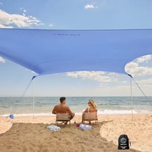 WEKAPO Beach Tent Sun Shelter - Easy Setup Beach Canopy with 4 Sturdy Poles | Large Sandbags and Shovel, 7'1'' Tall, Windproof Sun Shade for Backyard and Camping, UPF 50+ Protection