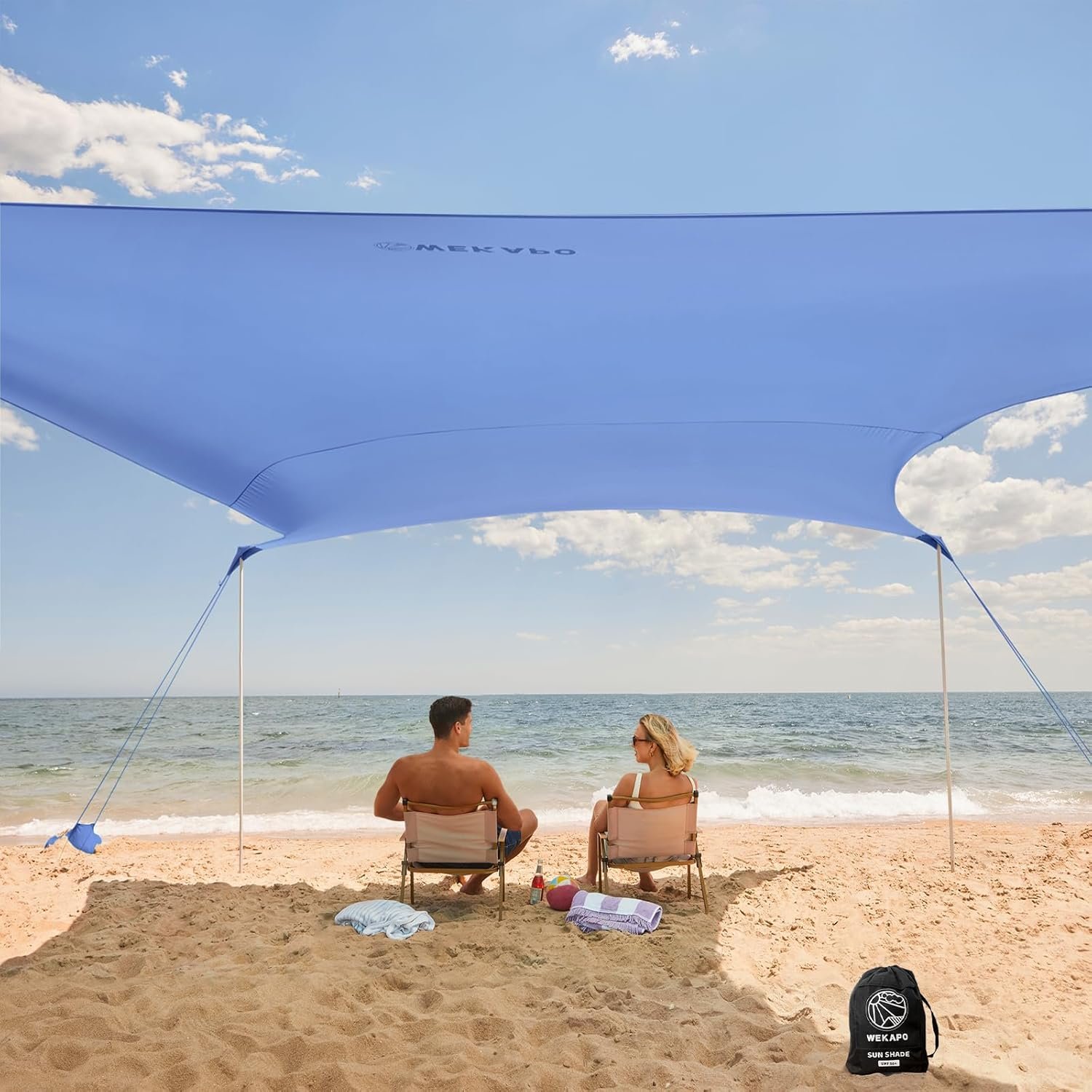 WEKAPO Beach Tent Sun Shelter - Easy Setup Beach Canopy with 4 Sturdy Poles | Large Sandbags and Shovel, 7'1'' Tall, Windproof Sun Shade for Backyard and Camping, UPF 50+ Protection