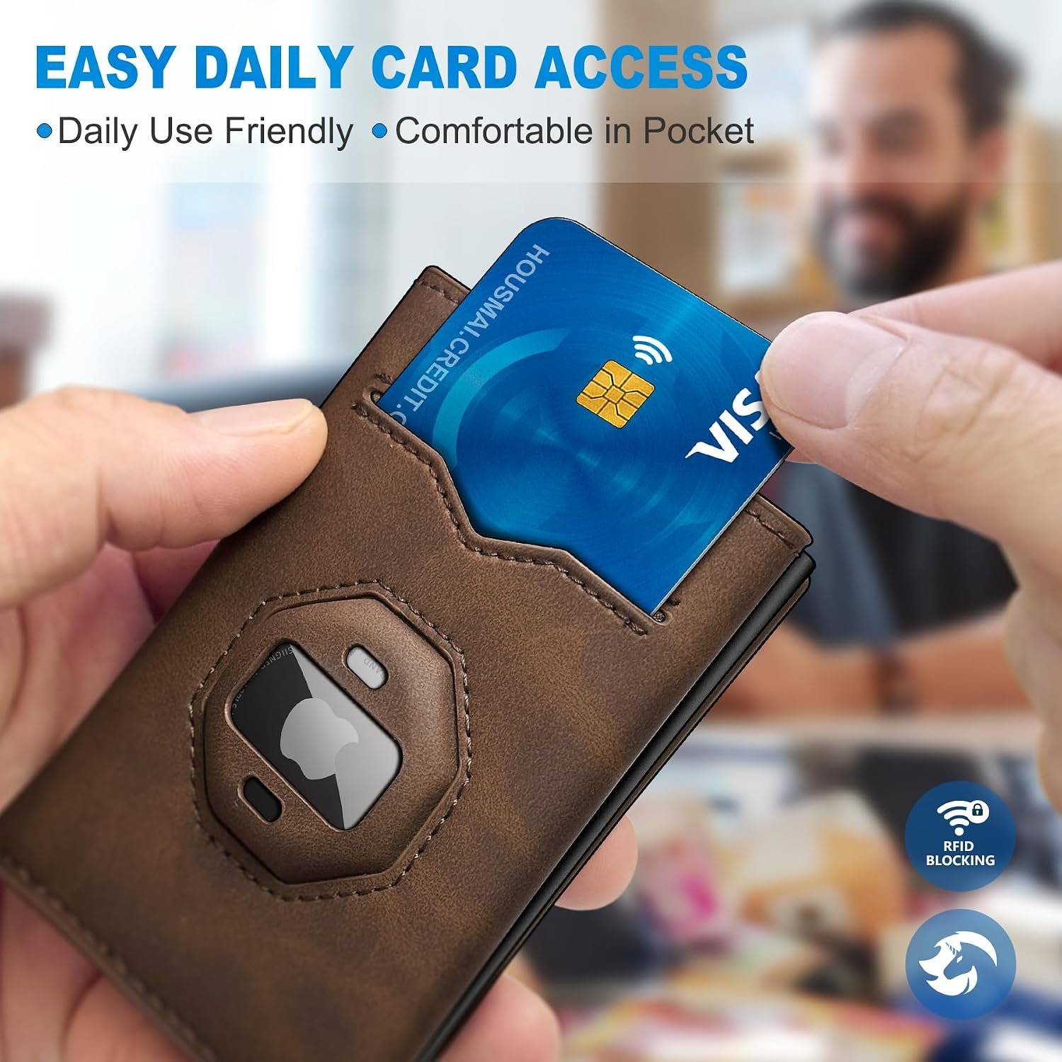 Airtag Wallet for Men,with Cash Pocket 2 ID Window 10+ Cards,Metal Case Smart Slim Pop Up Credit Card Holder Flip with Magnetic Closure RFID Blocking Trifold Leather wallet with Gift Box - Image 6