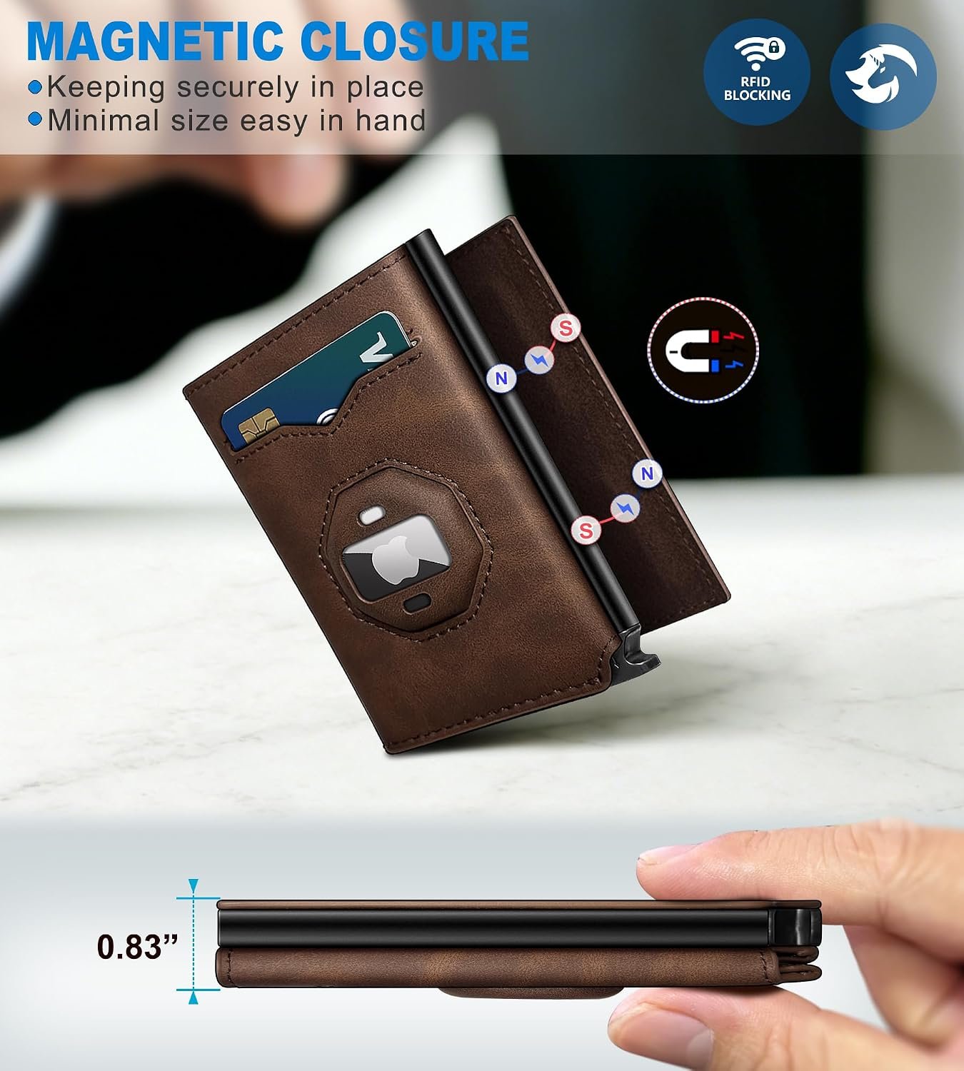 Airtag Wallet for Men,with Cash Pocket 2 ID Window 10+ Cards,Metal Case Smart Slim Pop Up Credit Card Holder Flip with Magnetic Closure RFID Blocking Trifold Leather wallet with Gift Box - Image 3