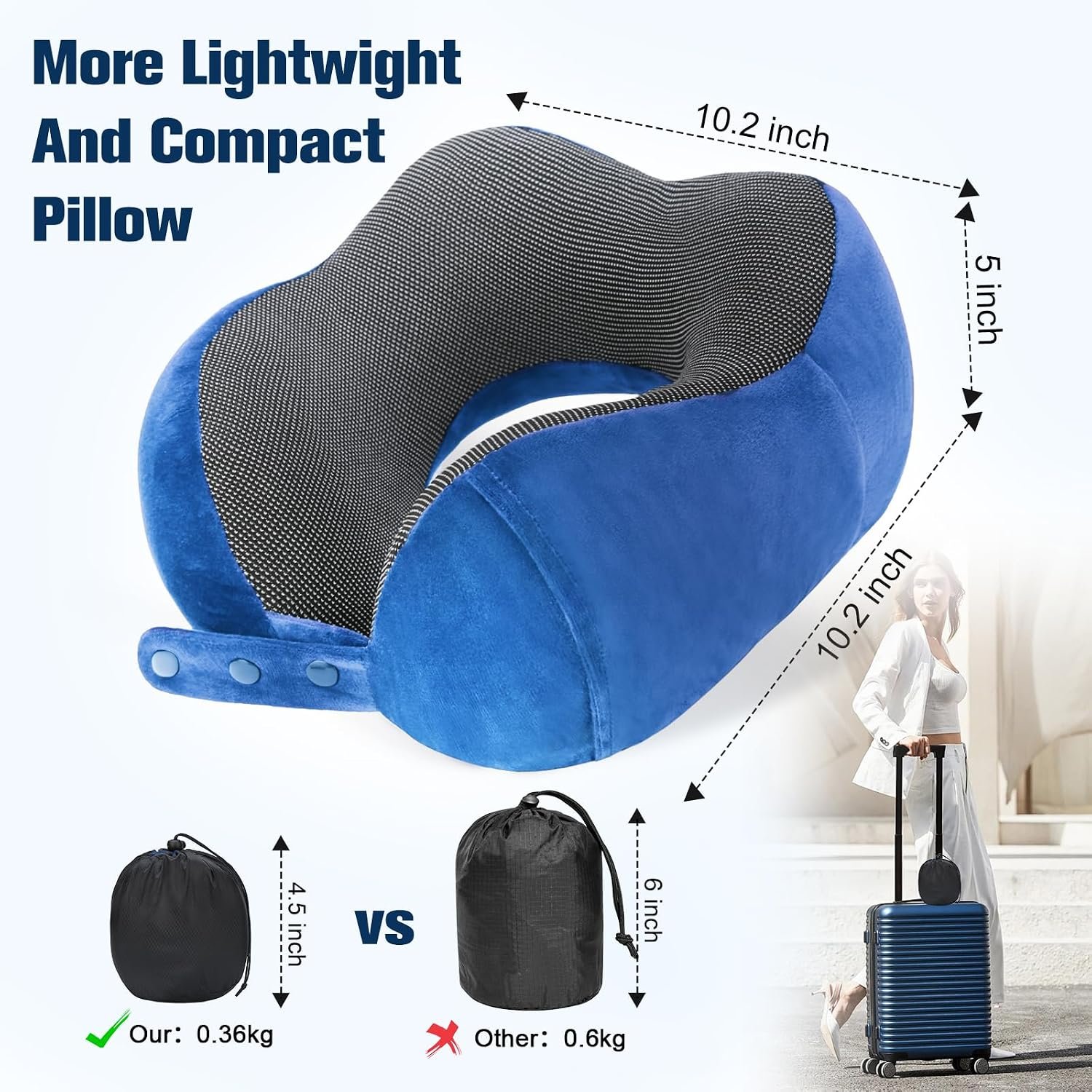 Cirorld Neck Pillow for Traveling, Travel Pillows for Airplanes Dark Blue | 100% Memory Foam Travel Neck Pillow, Adjustable Flight Pillow, Portable Plane Accessories with Eye Mask, Earplugs, Carry Bag - Image 3