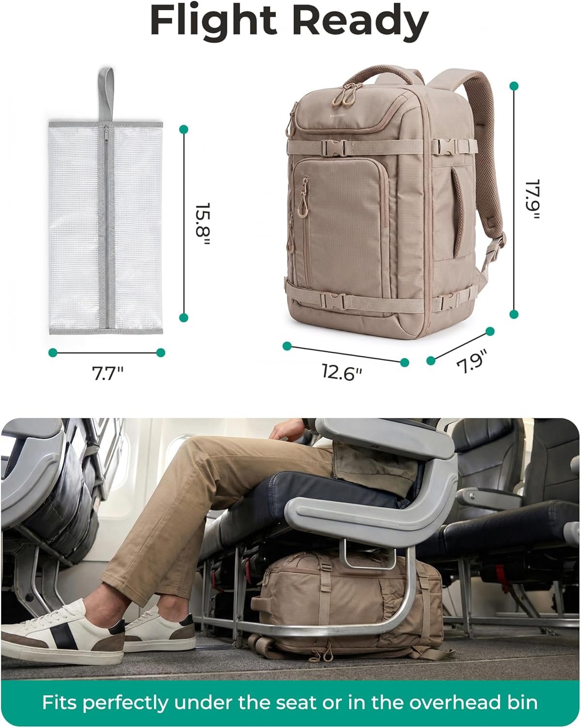 BAGSMART Travel Backpack for Women & Men, 17-Inch Laptop Carry on Backpack | 35L Airline Approved Personal Item Bag with Wet Pocket & Shoe Pouch, Large Side Pocket for 40oz Tumbler, Water-resistant - Image 2