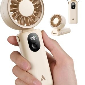 Aecooly Mighty Portable Handheld Fan | 20H Max Cooling | 3 Flexible Modes | 5 Speeds Wind | Battery Level Display | Mini USB Rechargeable Personal Battery Powered Fan Travel Gifts for Women -Beige