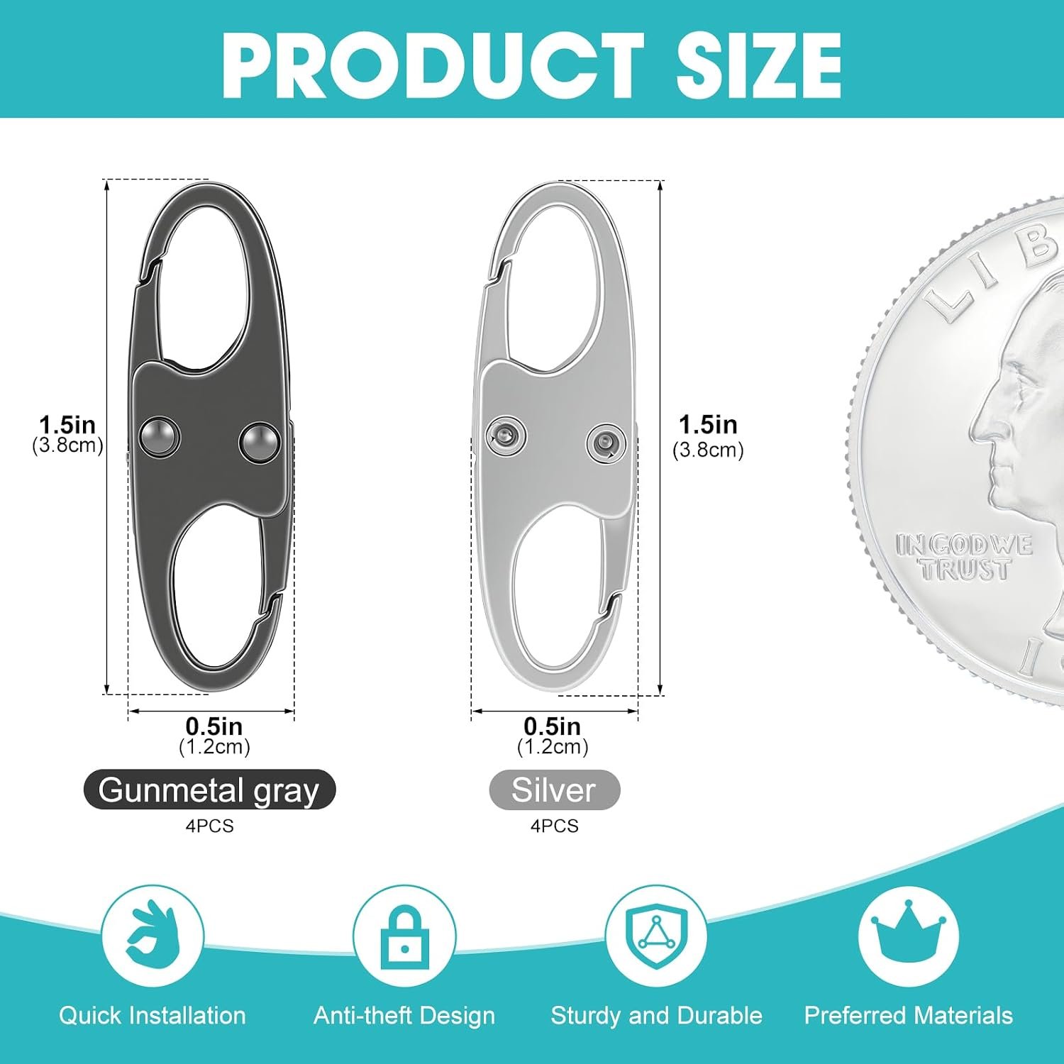 8 Pcs Anti-Theft Small Carabiner Clip, Double Opening Zipper Pull Replacement, Elegant Zinc Alloy Zipper Clips for Backpacks, Luggage, Duffel Bags, Travel Essentials - 4 Silver & 4 Gunmetal - Image 2