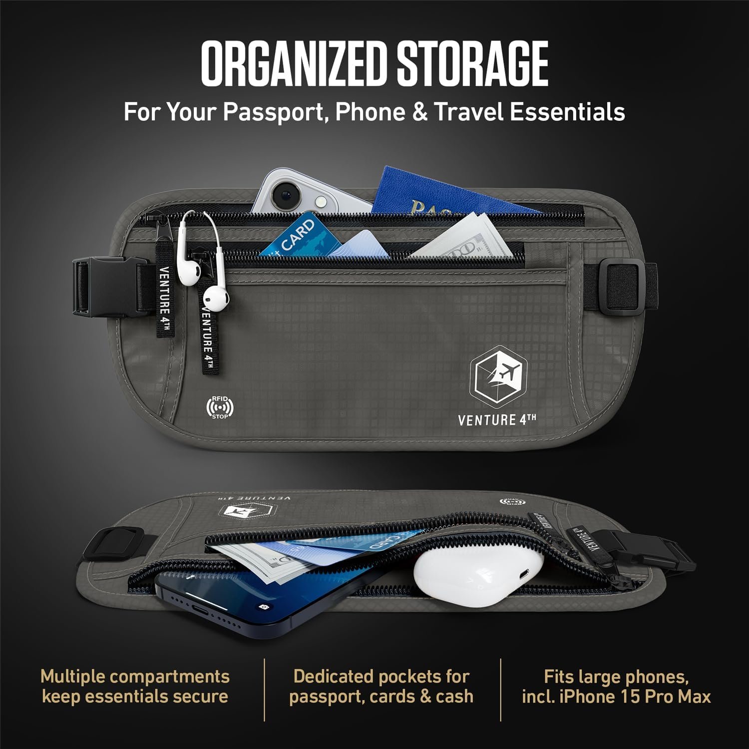 VENTURE 4TH Travel Money Belt, RFID Blocking Passport Holder - Gray - Image 5