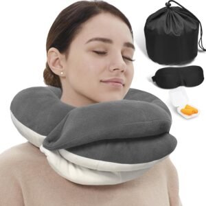 Travel Neck Pillows for Airplanes, Memory Foam 360° Head Support Sleep for Long Flight, Skin-Friendly & Breathable, Kit with Eye Mask, Earplugs and Storage Bag (Adult, Grey, 90+ lbs)
