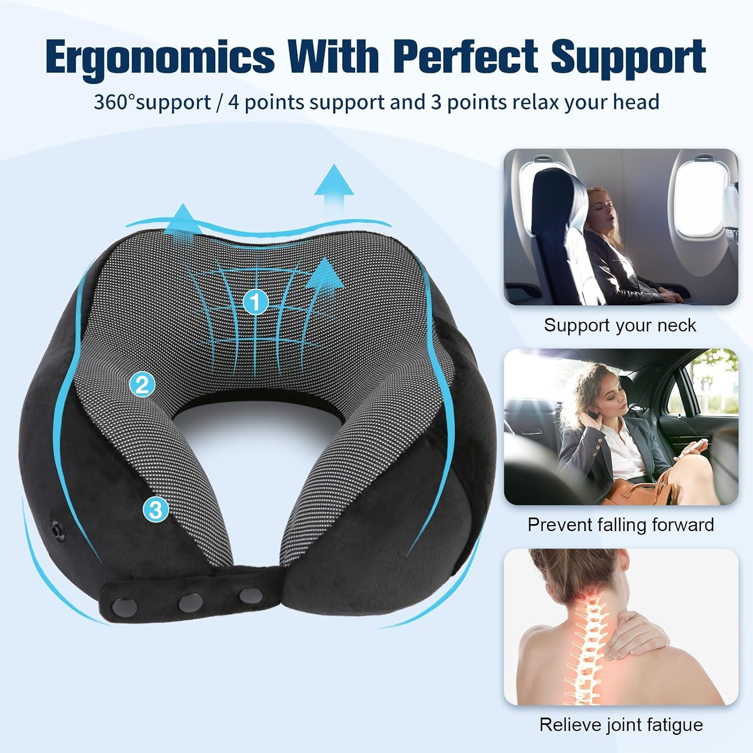 Cirorld Neck Pillow for Traveling, Travel Pillows for Airplanes Black | 100% Memory Foam Travel Neck Pillow, Adjustable Flight Pillow, Portable Plane Accessories with Eye Mask, Earplugs, Carry Bag - Image 9