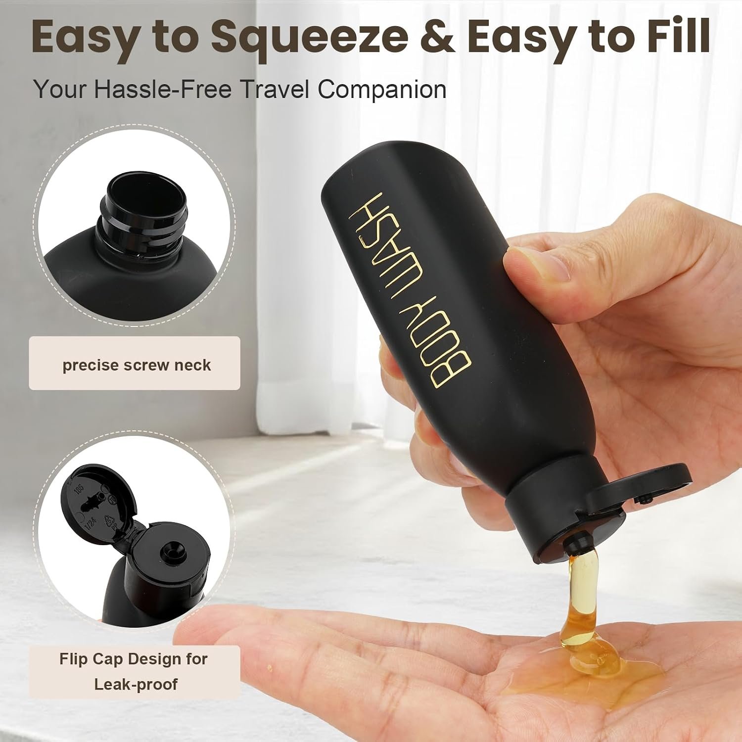 Cosywell 3.4oz 5 Pack Travel Bottles for Toiletries Black Toiletry Bottles | Pre-Printed Shampoo Conditioner & Body Wash, Soft Touch, TSA Approved, Leak Proof, Includes Flip Caps and a Toiletry Bag - Image 4
