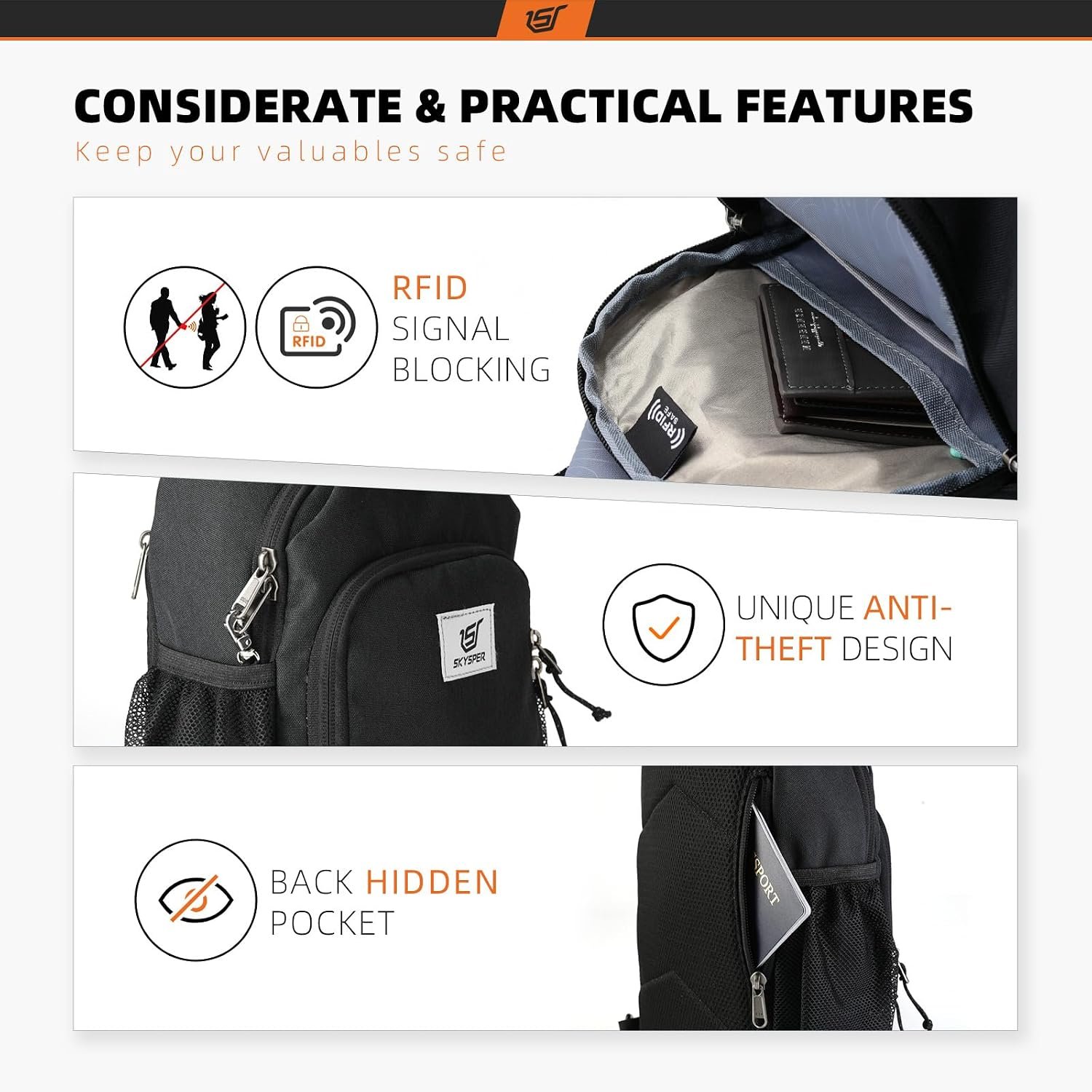 SKYSPER Sling Bag RFID Crossbody Sling Backpack Cross Body Shoulder Bag Travel Hiking Daypack for Women Men(Black) - Image 3