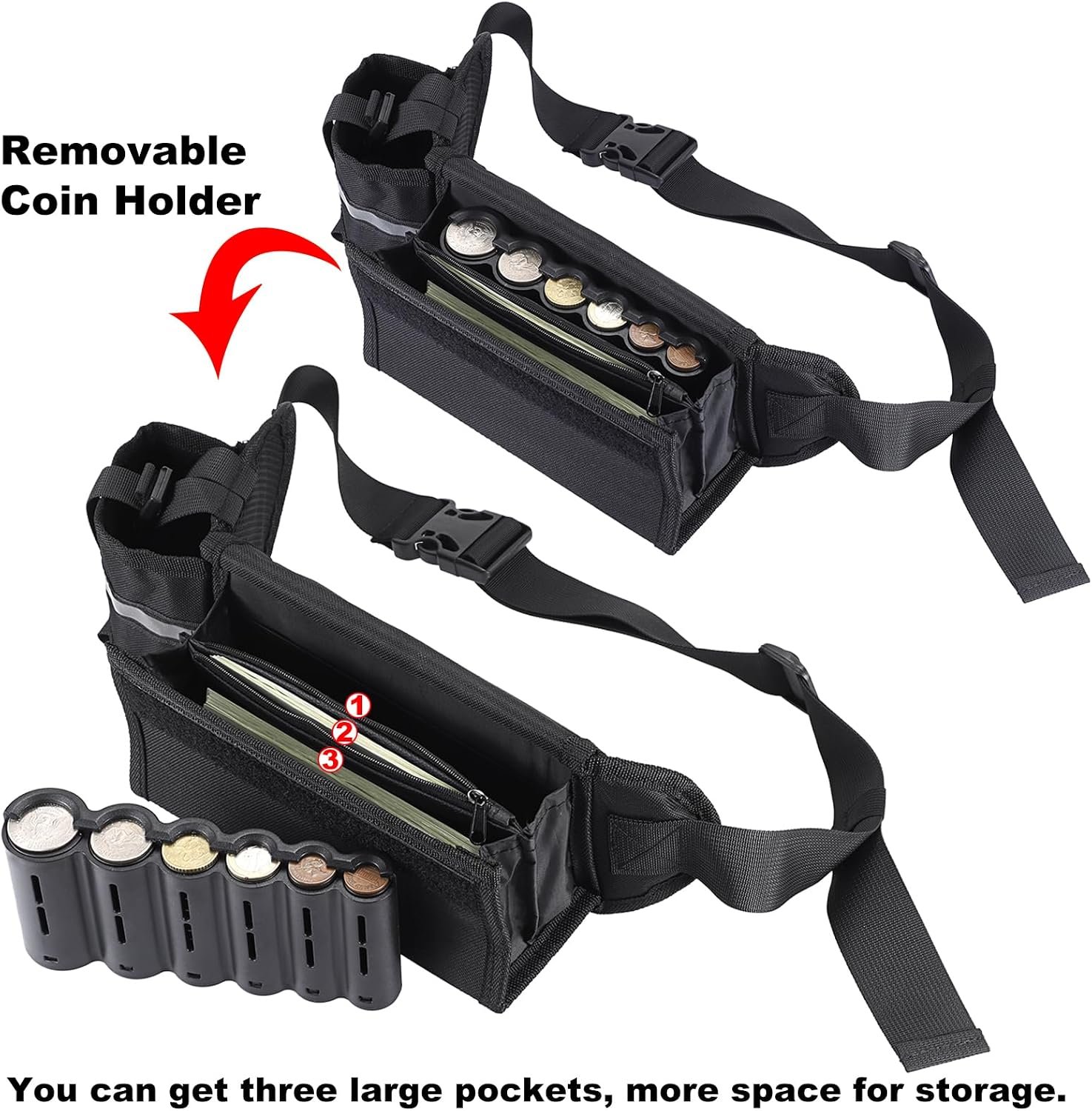 BSTKEY US Coin Holder Coin Dispenser with Water Bottle Holder, Fanny Pack with Banknote Waiters Purse Coin Sorter Coin Organizer, Black Coin Storage Bag with Belt for Waitress Serve Hiking Walking - Image 3