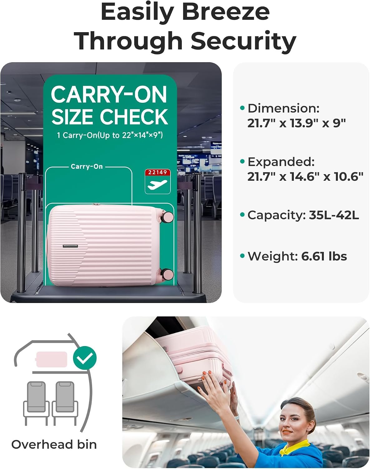 BAGSMART 20" Spinner Carry-On, PC Hardside Expandable, TSA Lock, Pink - Image 4