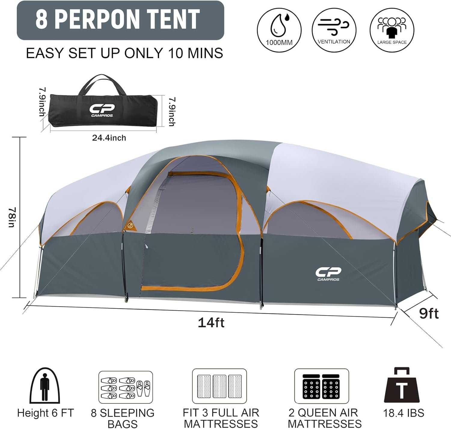 CAMPROS CP 8 Person Camping Tent, Room Divider, Rainfly, Weather Resistant | Family tent with 5 large mesh windows, double-layer design, and a carry bag, 14' x 9' x 72"(H) - Image 2