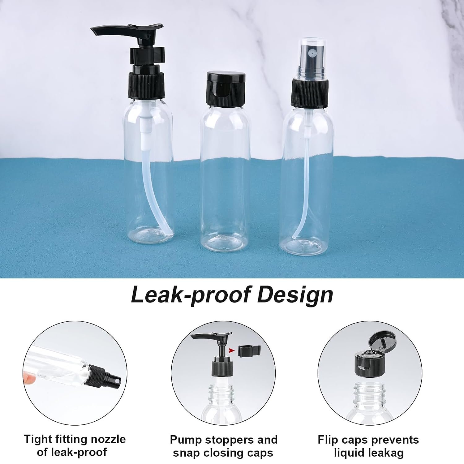 Cosywell 13-Piece 2 oz TSA Approved Travel Bottles for Toiletries Kit | Refillable set Includes Pump, Spray and Flip-cap Bottles, Cream Jars, Spatulas, Funnel and Clear Bag for Shampoo and Lotion - Image 3