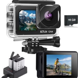 Dual Screen Action Camera, 1080P 16MP Waterproof Camera, Black | 40M Underwater Camera, with 2x1050mAh Batteries, 16GB Card & Full Accessories for Helmet, Bicycle,etc.