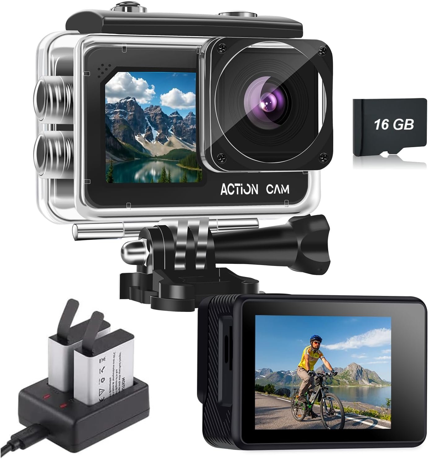 Dual Screen Action Camera, 1080P 16MP Waterproof Camera, Black | 40M Underwater Camera, with 2x1050mAh Batteries, 16GB Card & Full Accessories for Helmet, Bicycle,etc.