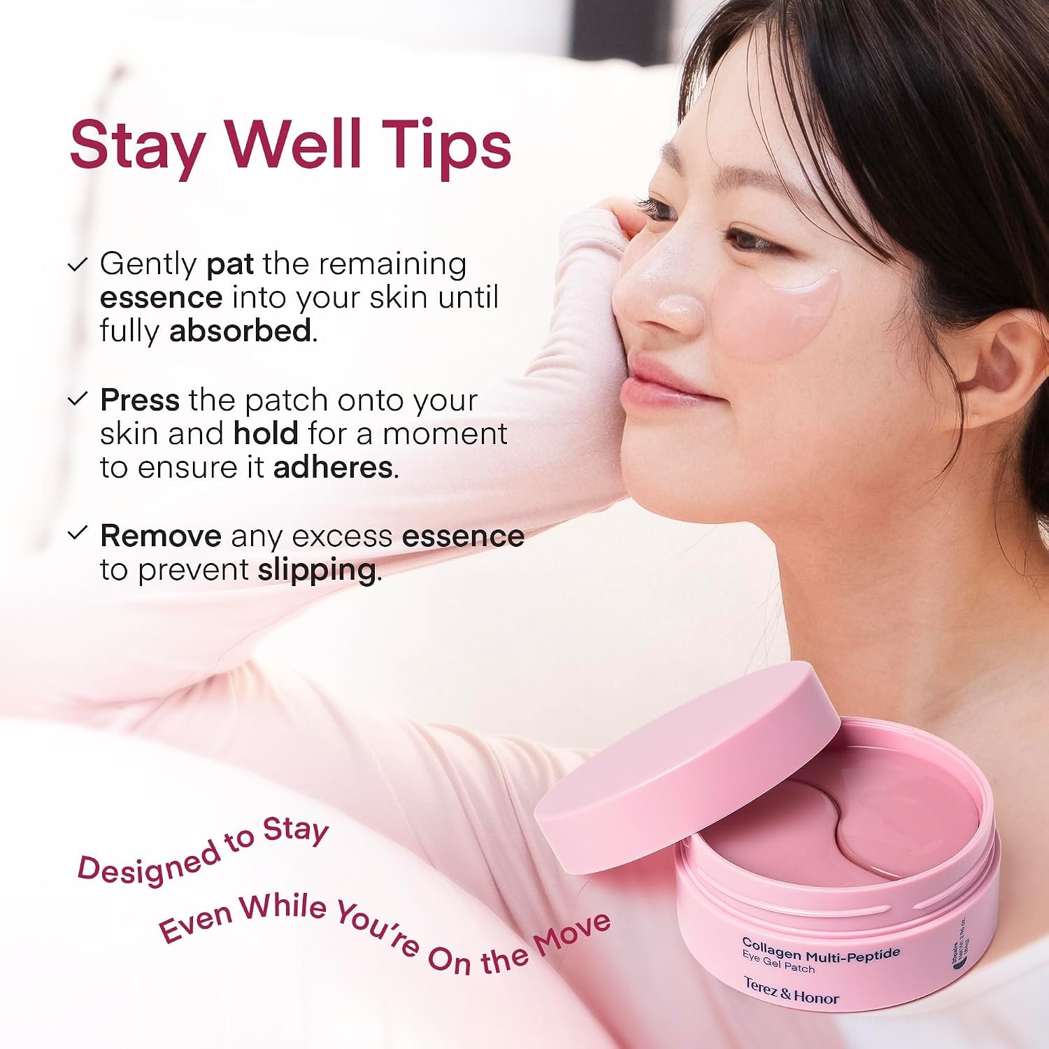 TEREZ & HONOR Peptide Collagen Under Eye Patches - 60 Korean Firming, Glowing & Hydrating Hydrogel Mask for Puffy Eyes, Dark Circles, Wrinkles, Fine Lines, Undereye Bags - Anti-Aging Eye Gel Pads - Image 7