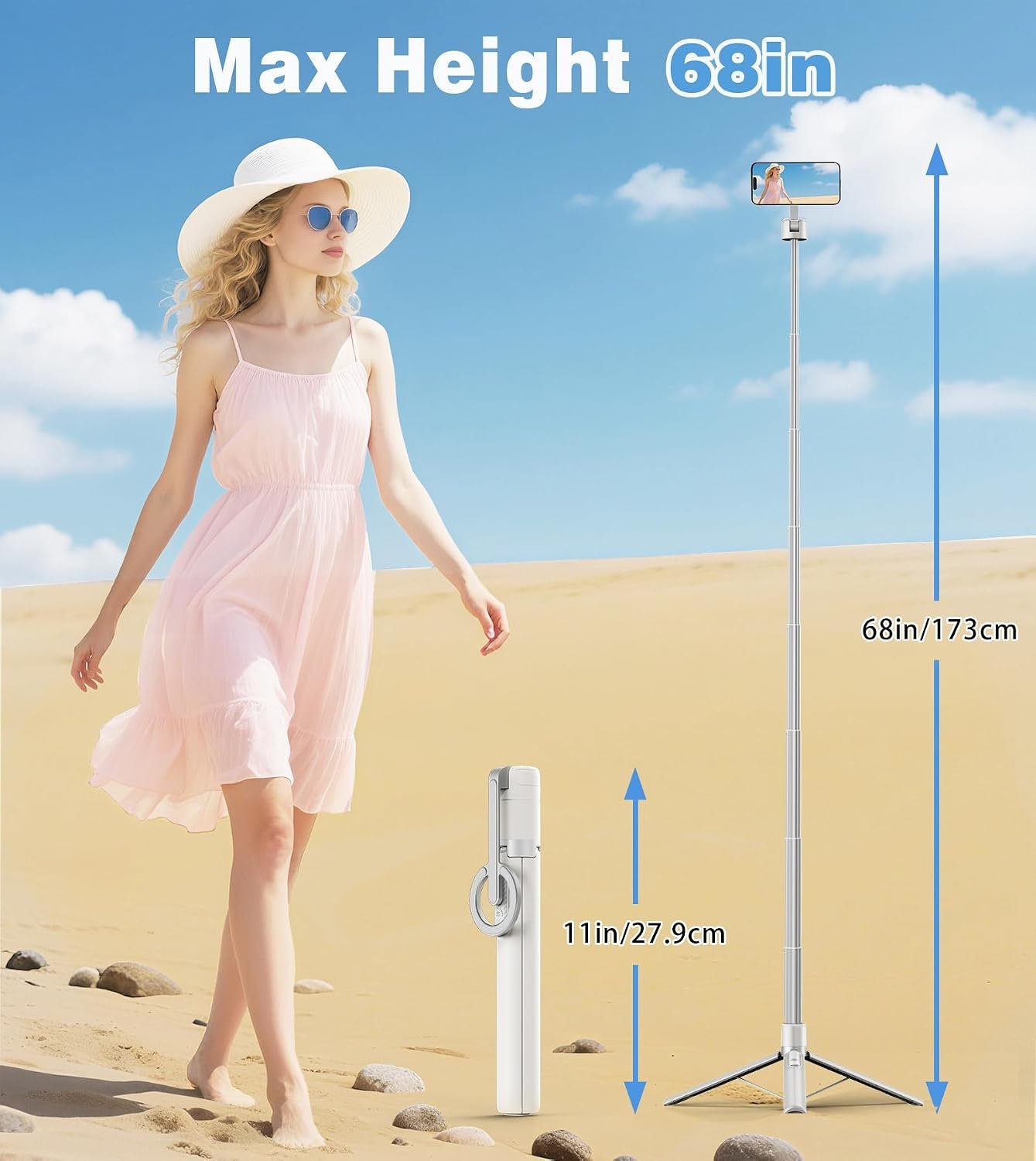 TONEOF 68" Magnetic Aluminum Phone Tripod Selfie Stick for iPhone & Android | Rechargeable Remote,360° Rotatable Foldable Cell Phone Stand Holder with Metal Ring,Travel Tripod for Magsafe (Beige Gray) - Image 4