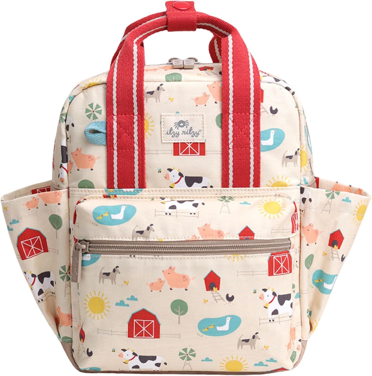 Itzy Ritzy Toddler Backpack, Baby Daycare Bag w/Spacious Interior (Farm) | Adjustable Straps, Wipeable Lining, 2 Side Pockets, Front Zipper, & Name Label - Keeps Essentials Organized for Daily Travel