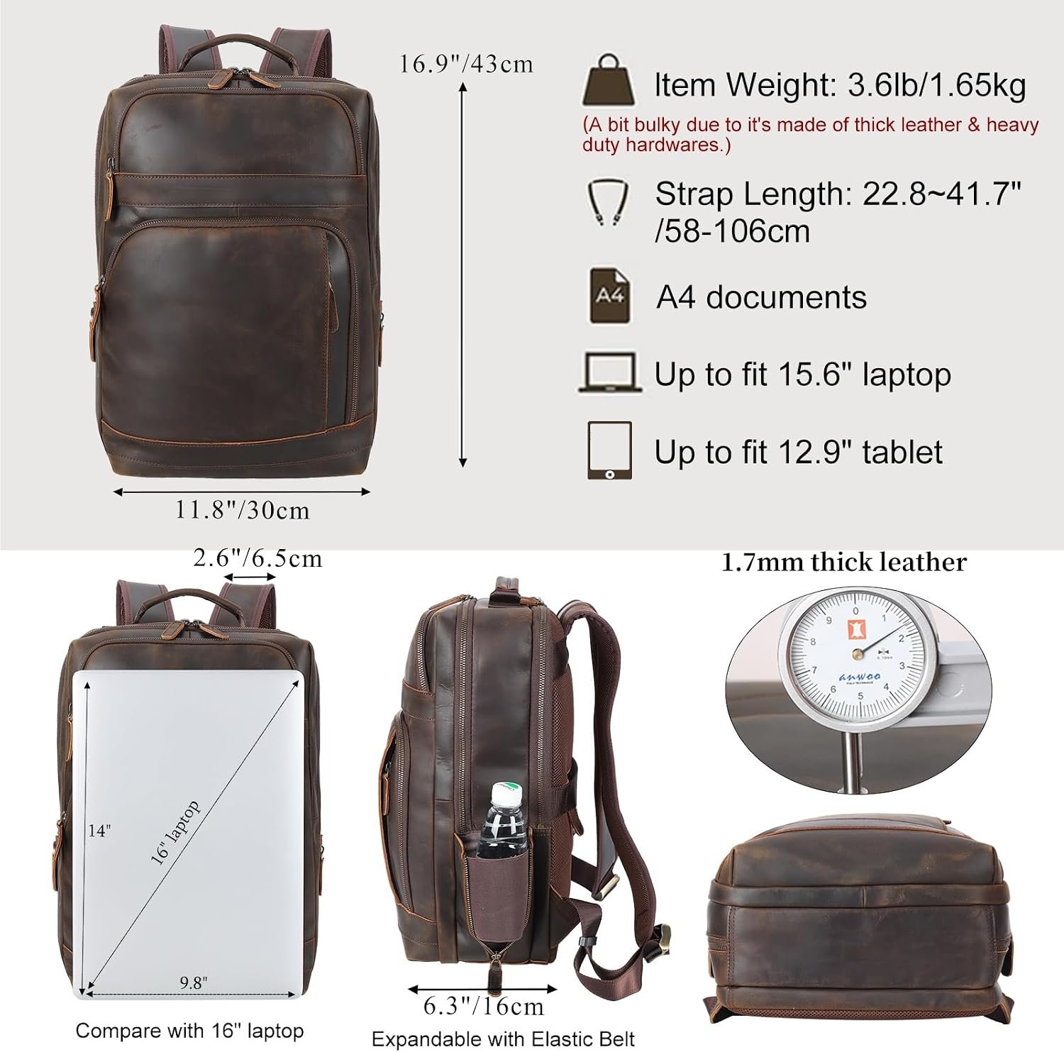 Masa Kawa Brown Leather Laptop Backpack for Men 16 Inch Compute Work Bag | Vintage Cowhide Overnight Camping Weekender Travel Large College Daypack with Water Bottle Holder - Image 2
