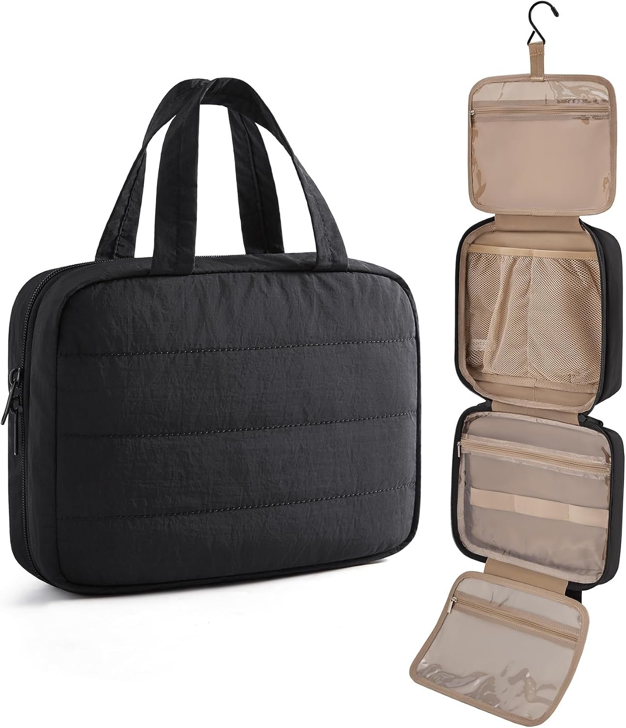 Travel Toiletry Bag - Hanging Makeup Organizer for Women & Men | Portable Hanging Organizer for Travel-Sized Shampoo, Full-Sized Toiletries, Brushes Set, Makeup Accessories, Black