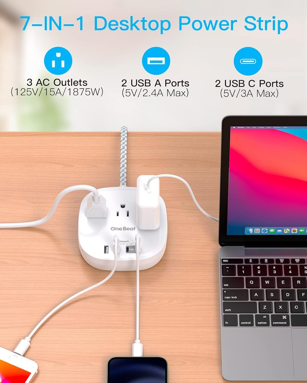 Travel Essentials, 22.5W/4.5A Flat Plug Power Strip, 6 Ft Extension Cord | 3 Outlets 4 USB Ports(2 USB C) Desktop Charging Station, Power Strip No Surge Protection for Cruise Ship, Dorm Room - Image 6