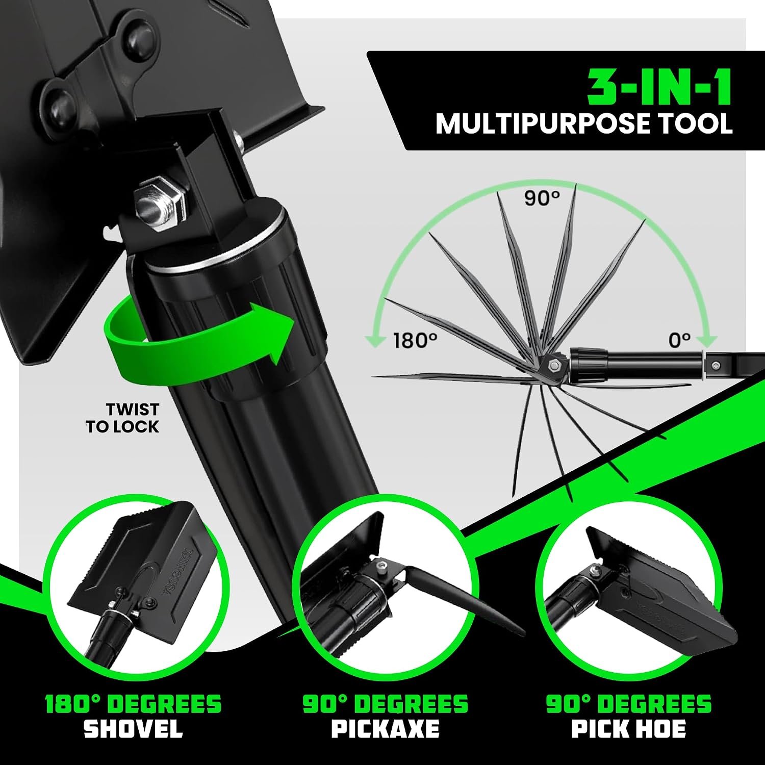 Rhino USA Folding Survival Shovel with Pick - Military Entrenching Tool | Heavy Duty Carbon Steel Folding Tool for Off-Road, Camping, Gardening, Beach. For Dirt, Sand, Mud & Snow Digging. Black - Image 3