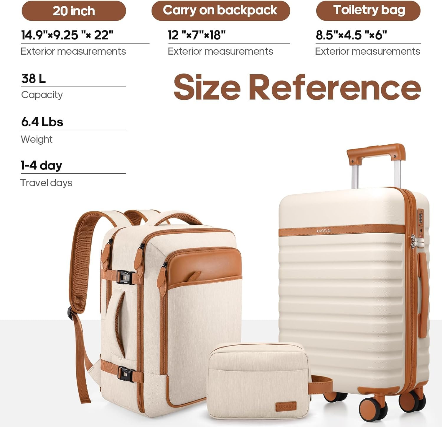 UKEIN Luggage Sets 3Piece, Carry On Luggage 20in Suitcase Set With Backpack | Carry On Suitcase with Spinner Wheels,PC Durable Hardside with TSA Lock,YKK Zippers,22x14x9 Airline Approved For Travel - Image 7