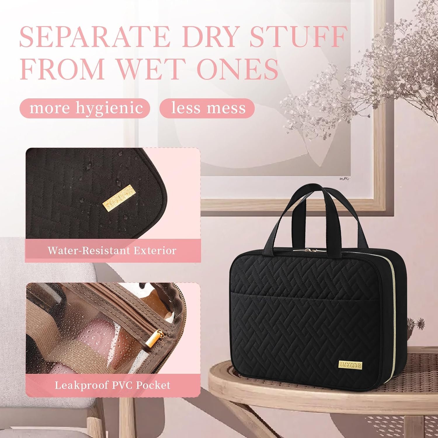 HOTOR Hanging Travel Toiletry Bag Women Men Essentials Black | Big Compartment, Waterproof Travel Accessories, Makeup Organizer Cosmetic Bag for Cruise, Gift, Road Trip, Vacation, Medium - Image 3