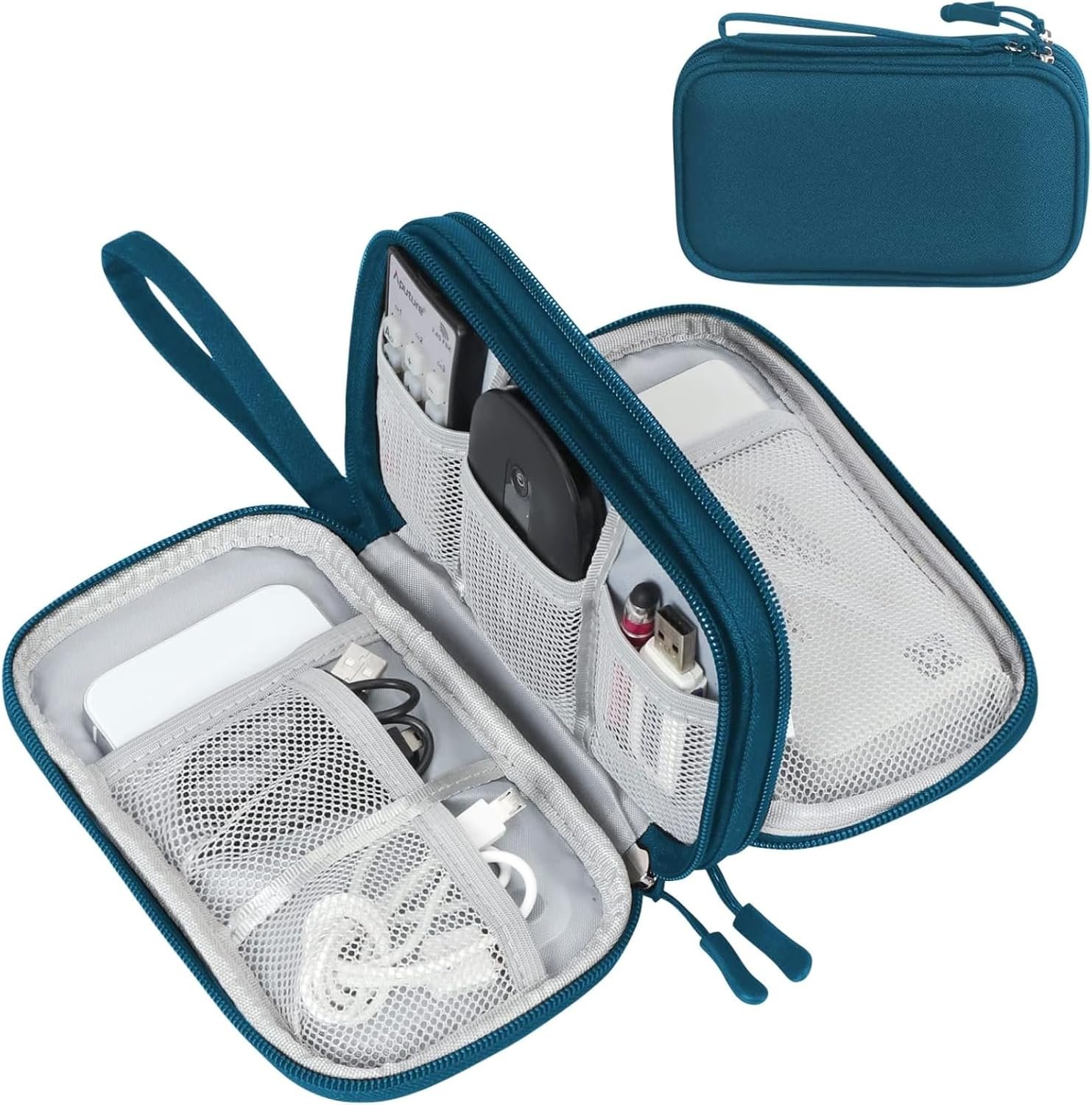 FYY Electronic Organizer, Travel Tech Pouch Bag, Cable Organizer Dark Green | Wrist Strap, Waterproof, Double Layers Portable Electronics Travel Carrying Case for Cord, Charger, Daily Business Trips Use