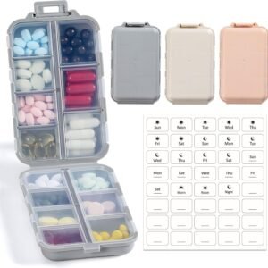 LANDNEOO 14 Grids Pill Organizer Box with Labels, Travel Medication Holder Dispenser Case Kit, Pocket Daily Pharmacy Container for Fish Oil Vitamin Supplement Storage, Khaki Pink Grey, 3 Pack