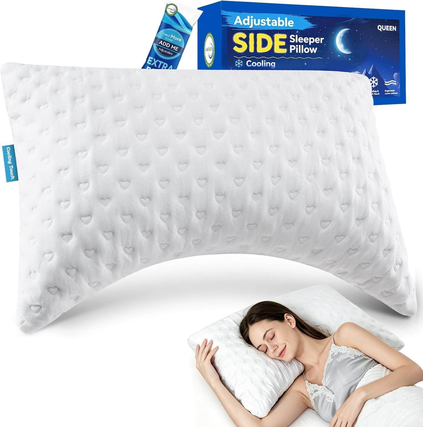 Side Sleeper Pillows for Neck & Shoulder Comfort - Ergonomic Curved Crescent Design, Adjustable Shredded Memory Foam, Cooling & Soft Cover, Extra Fill Included, Queen Size