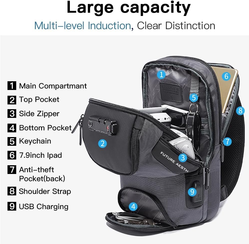 BANGE Sling Bag for Men, Waterproof Crossbody Backpack, USB Charging Shoulder Bag, Daypack for Travel, Work, Hiking - Image 2
