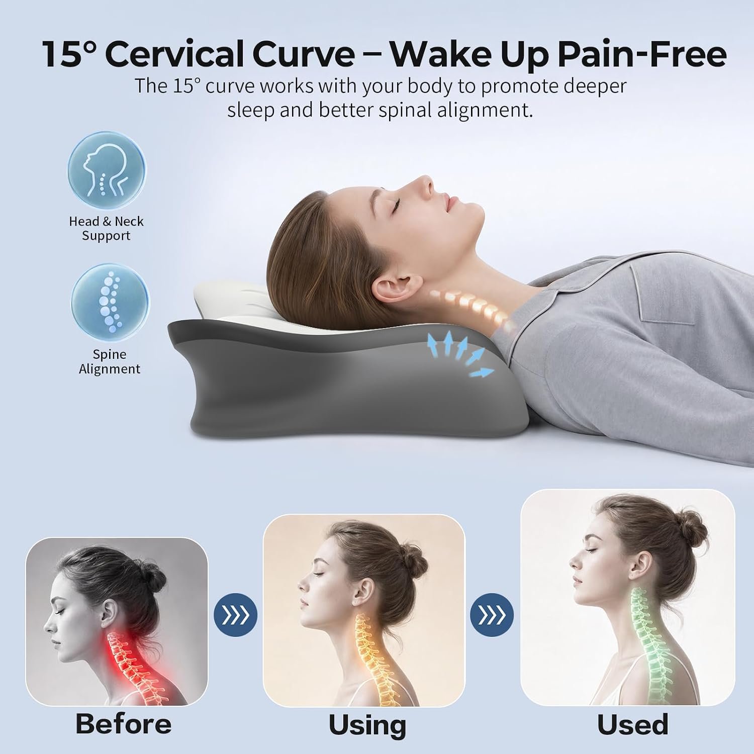 Pain Relief Cervical Neck Pillow, Ergonomic Contour | Q-Max Cooling | Non-Temperature Memory Foam | Side/Back/Stomach Sleeper Support for Sleeping, Reading, Scrolling,(White&Grey) - Image 2