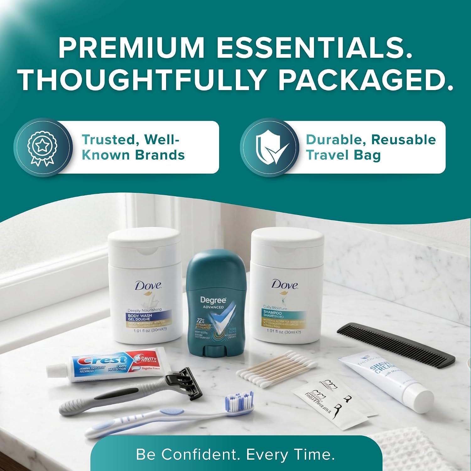 12-Piece Men’s Travel Toiletry Kit – Premium Brand-Name Travel Toiletries | TSA Approved Travel Essentials with Shampoo, Body Wash, Shaving Cream, Deodorant & Oral Care in Clear Bag - Image 3