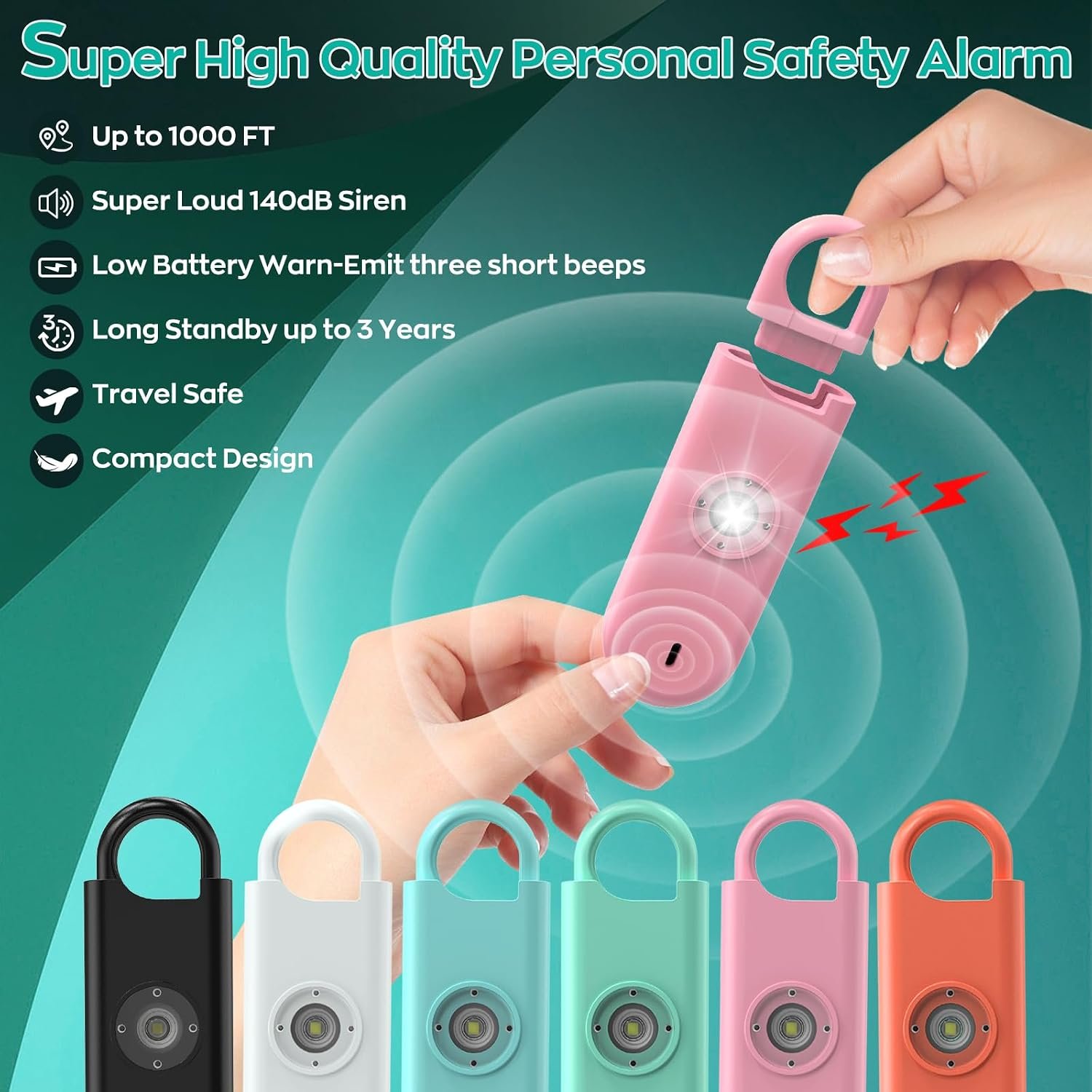 Fauxomor 140dB Personal Safety Alarm for Women 3pack Self Defense Keychain | Super Loud Siren with Low Battery Notice & Strobe Light, Long Battery Life, Portable for Kids College Girls, Pink+Blue+Black - Image 3